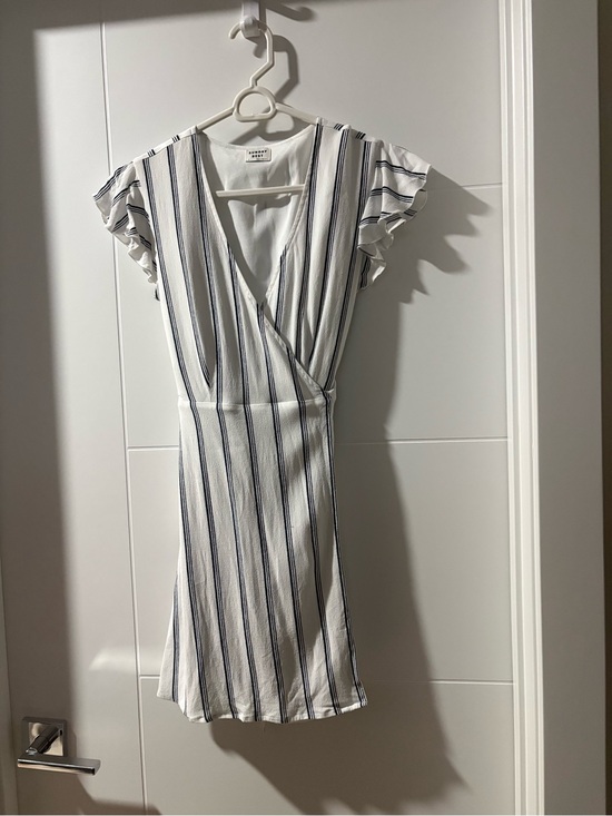 Sunday Best Dresses & Skirts - Sunday Best White Mini Wrap Dress with Navy Stripes and Flutter Sleeves